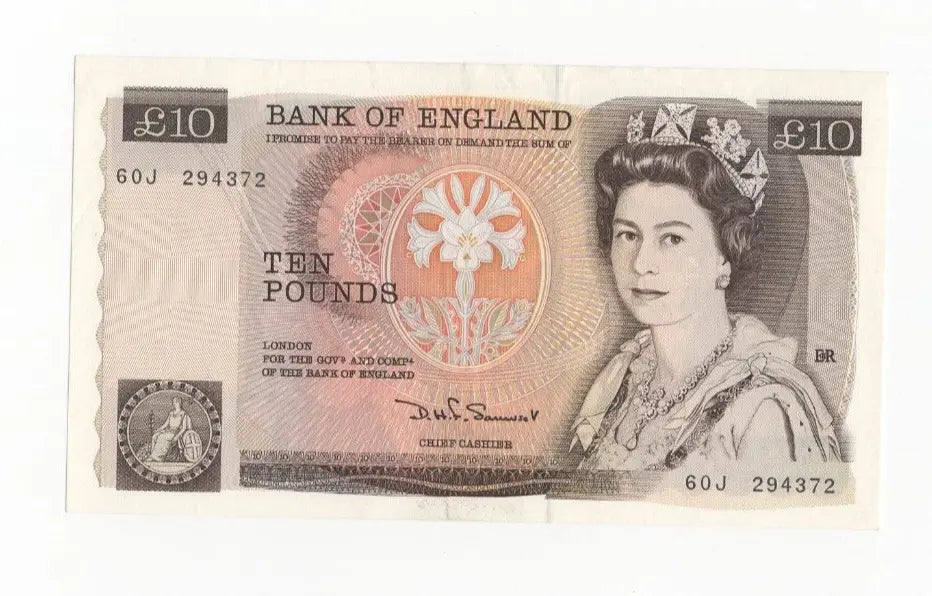 Front of a vintage Bank of England £10 banknote featuring Queen Elizabeth II and serial number 60J 294372.
