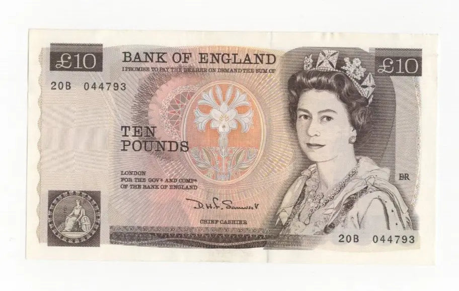Front of a vintage Bank of England £10 banknote featuring Queen Elizabeth II and serial number 20B 044793