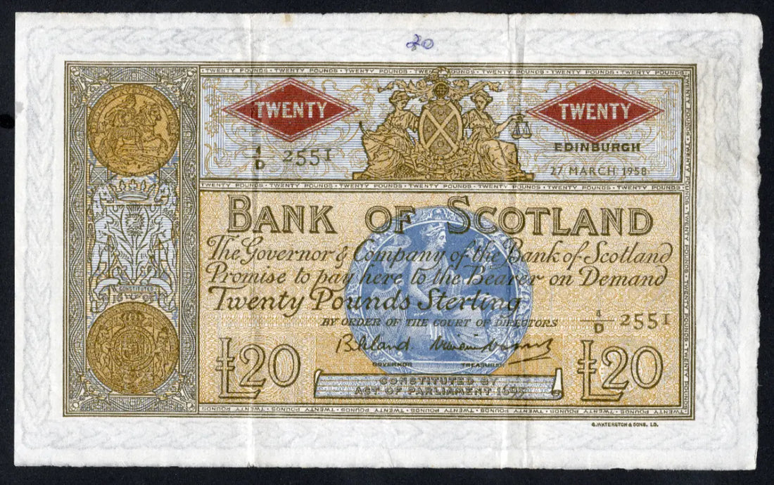 Front and back view of a 27th March 1958 Bank of Scotland £20 banknote, Pick 94f, serial 4/D 2551, featuring Queen Victoria portrait.