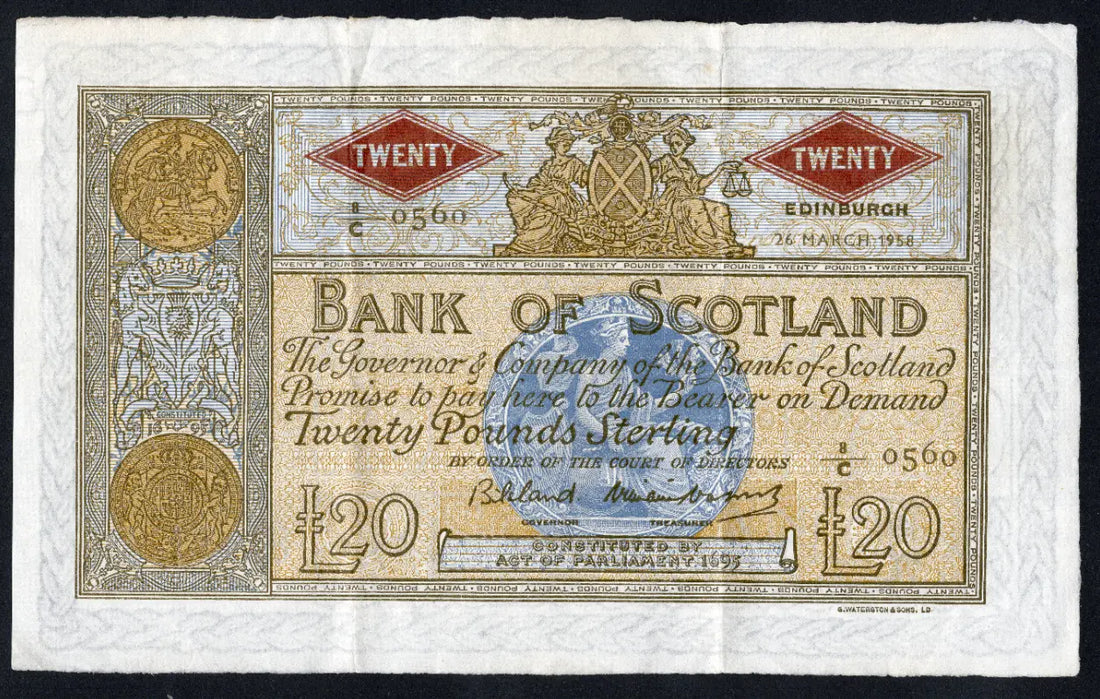 Front and back view of a 1958 Bank of Scotland £20 banknote, Pick 94f, signed by Bilsland and Watson, featuring the Queen Victoria portrait.