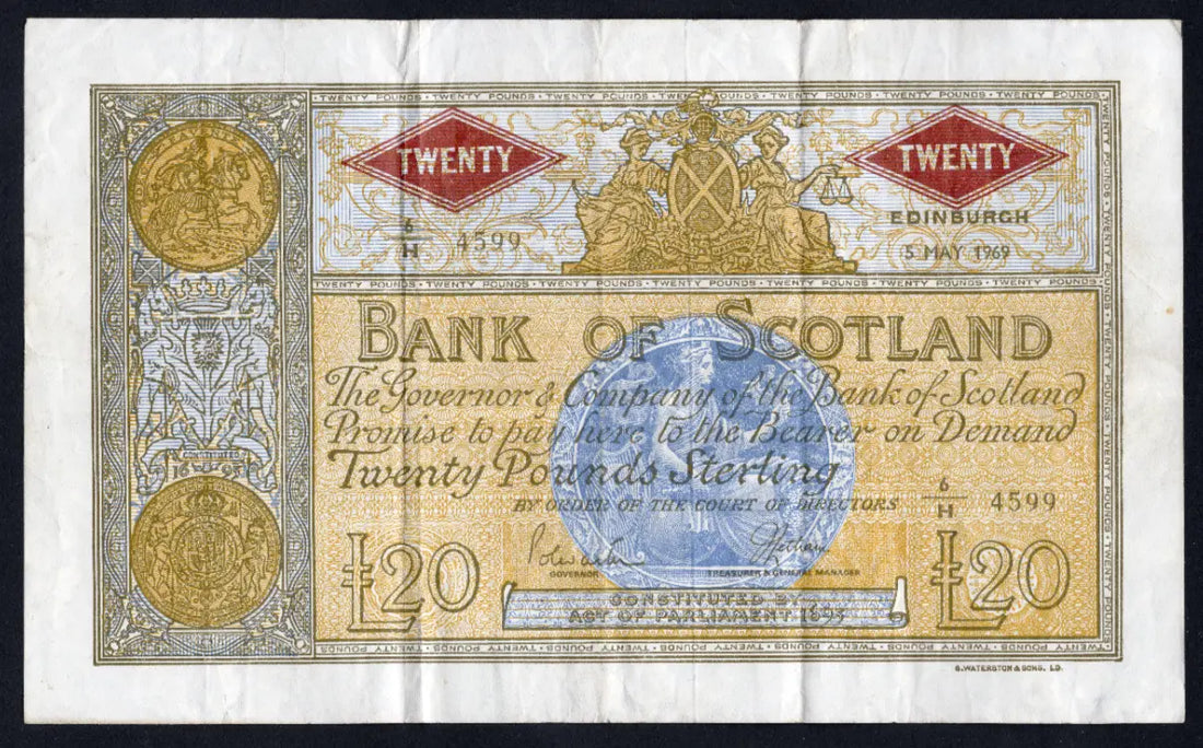 Front and back view of a 1969 Bank of Scotland £20 banknote, Pick 107a, featuring Queen Victoria and the signatures of Polwarth and Letham.