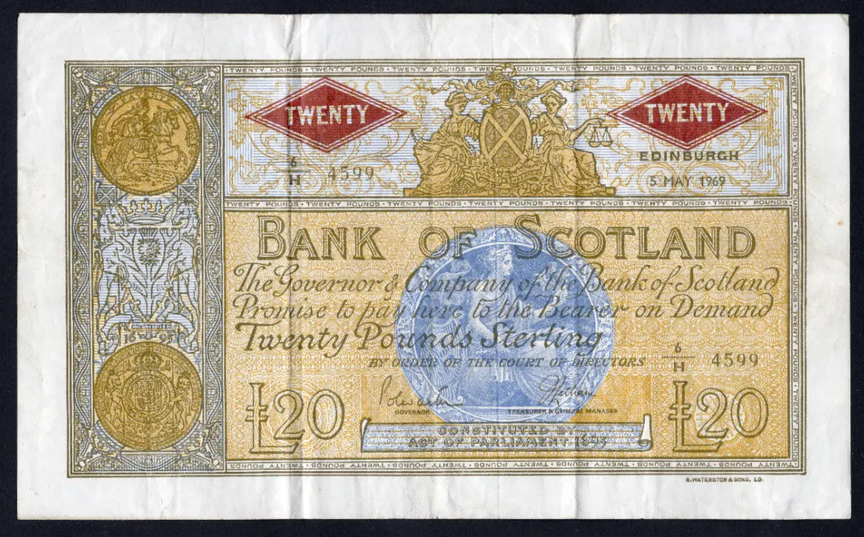 Front and back view of a 1969 Bank of Scotland £20 banknote, Pick 107a, featuring Queen Victoria and the signatures of Polwarth and Letham.