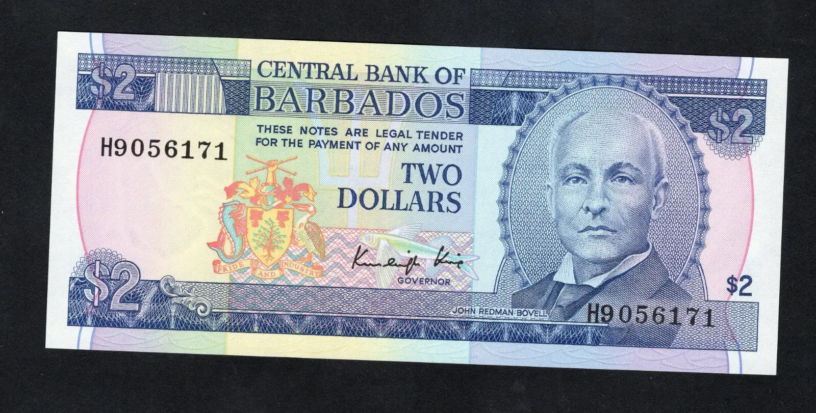 Front and back view of Barbados 2 Dollars banknote, 2007 issue, Pick 66b, featuring John Redman Bovell and Bridgetown Parliament Buildings in Uncirculated condition.