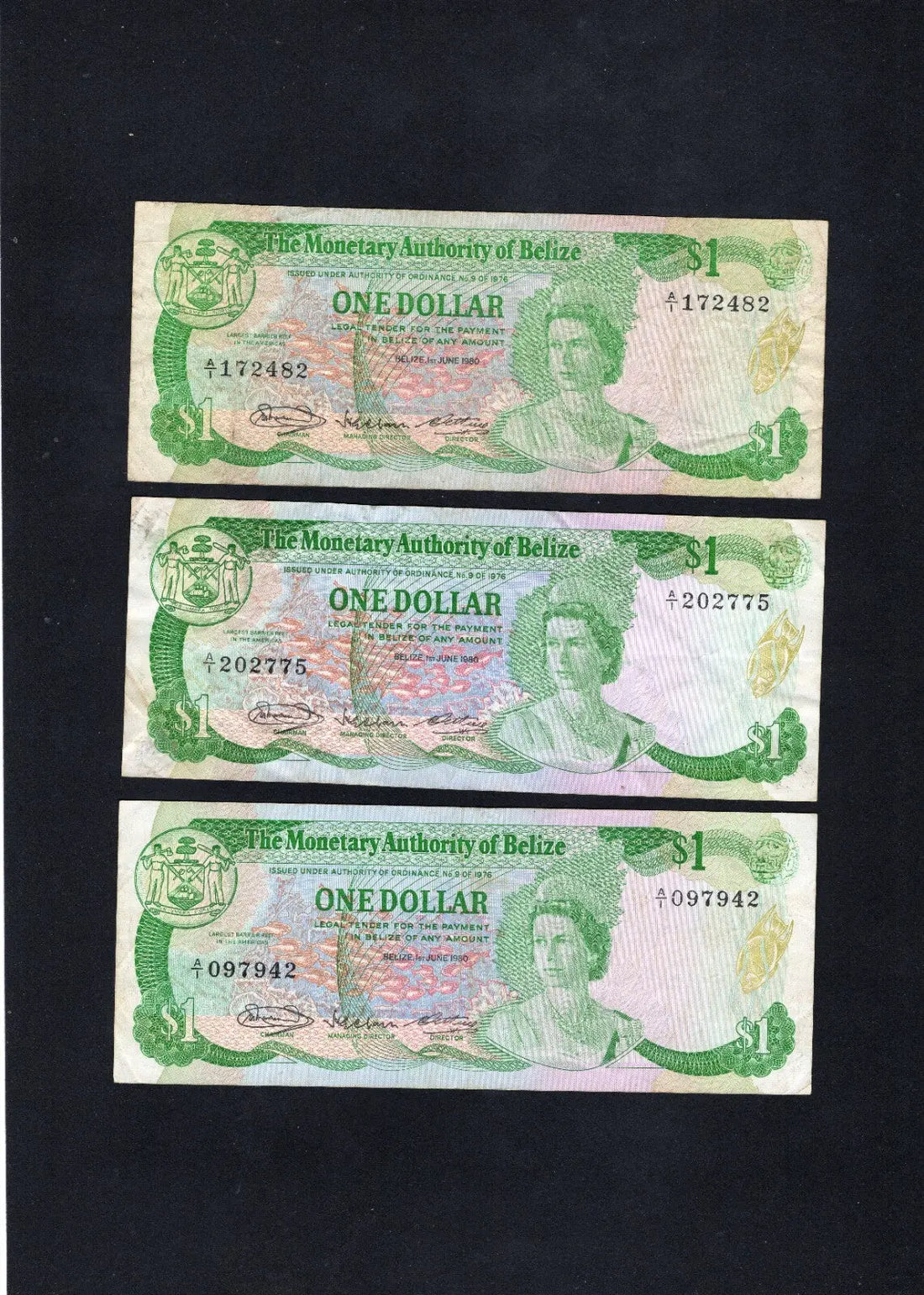Set of three Belize 1 Dollar banknotes from 1980, Pick 38a, featuring Queen Elizabeth II and Jabiru stork. Circulated condition