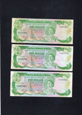 Set of three Belize 1 Dollar banknotes from 1980, Pick 38a, featuring Queen Elizabeth II and Jabiru stork. Circulated condition