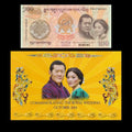 A commemorative 100 Ngultrum banknote from Bhutan featuring King Jigme Khesar and Queen Jetsun Pema, displayed with its official yellow wedding folder.