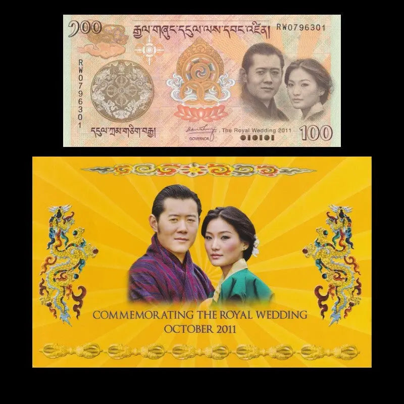 A commemorative 100 Ngultrum banknote from Bhutan featuring King Jigme Khesar and Queen Jetsun Pema, displayed with its official yellow wedding folder.