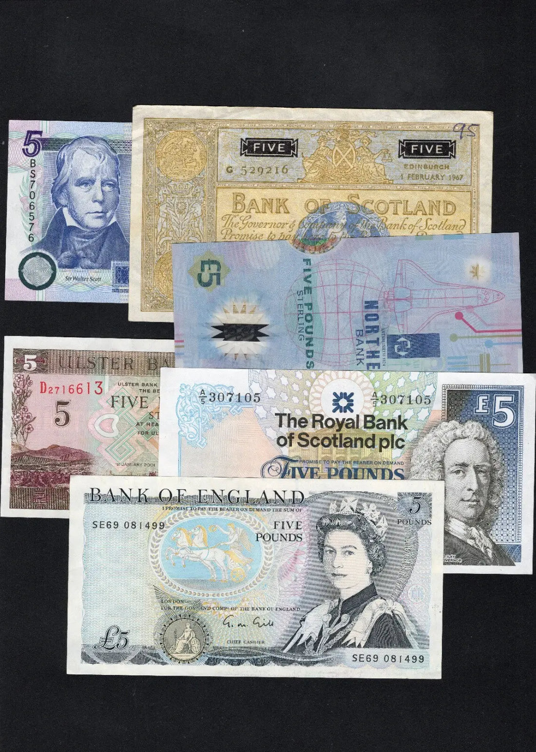 A collection of six British five pound banknotes from various banks including Bank of England and Bank of Scotland, ranging from 1967 to 2002.