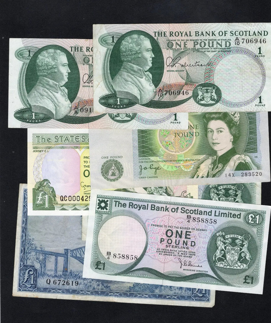 A collection of seven British £1 banknotes from the Royal Bank of Scotland, Bank of England, and States of Jersey, dated between 1959 and 1976.