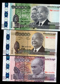 A set of 3 Cambodia Riel banknotes (100,000, 50,000, and 20,000) featuring King Norodom Sihamoni and King Father Norodom Sihanouk.