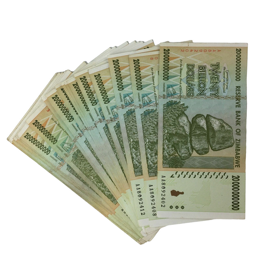 Zimbabwe 10xtwenty  billion dollars banknotes used