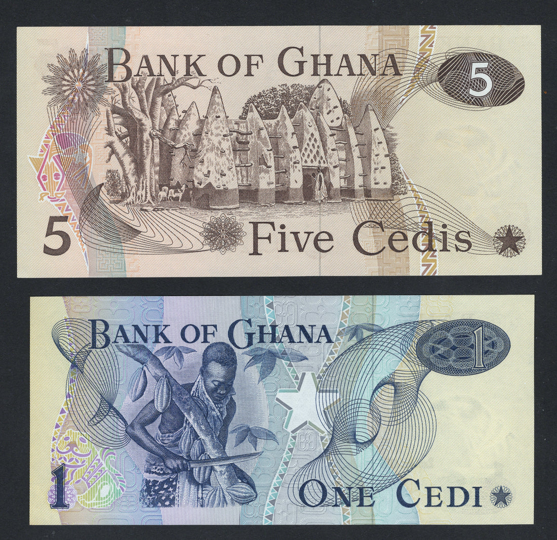 2xGhana Banknotes 5 Cedis 1977 1 Cedis 1976 AUNC/F10