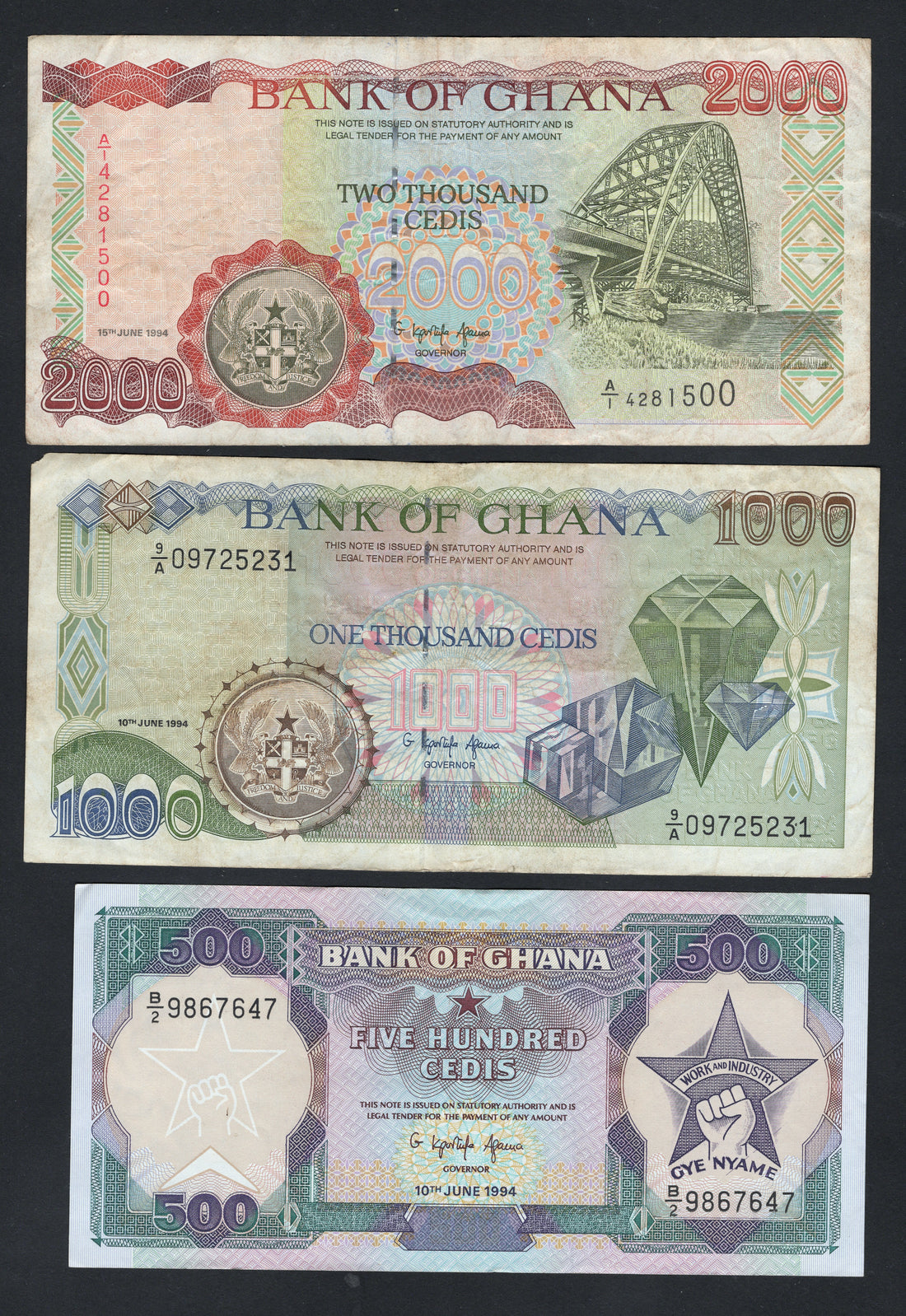 3xGhana Banknotes 10, 20 Cedis 1984 200 Cedis 1990  VF/F10