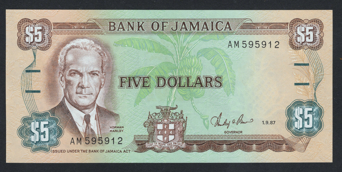 Five dollars banknote from the Bank of Jamaica with a portrait and emblem.