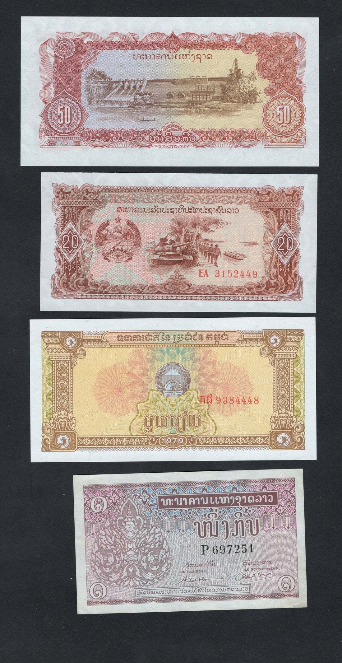 LAOS 4 NOTE SET 50,20,1,1  KIP 1965/1975 UNC/F10 worldbanknote