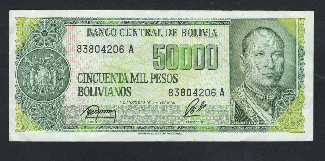 50,000 Bolivianos banknote with a portrait on a black background