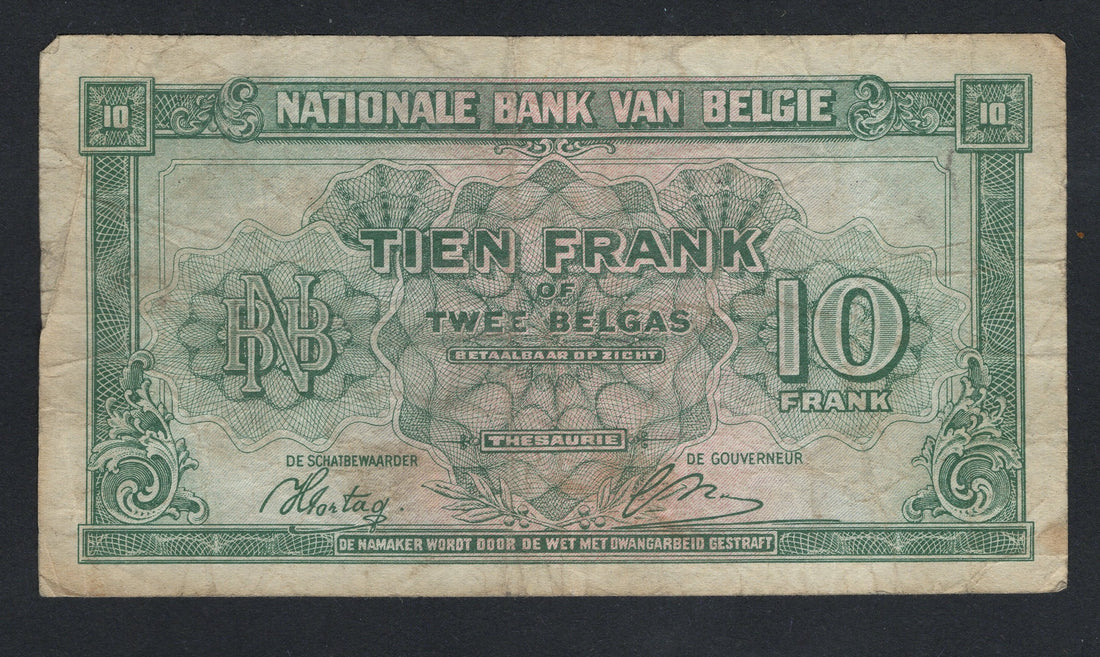 Vintage Belgian banknote from the Nationale Bank van Belgie with green and brown design.