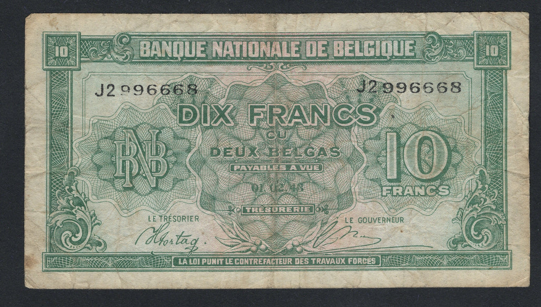 Vintage Belgian banknote from the Nationale Bank van Belgie with green and brown design.
