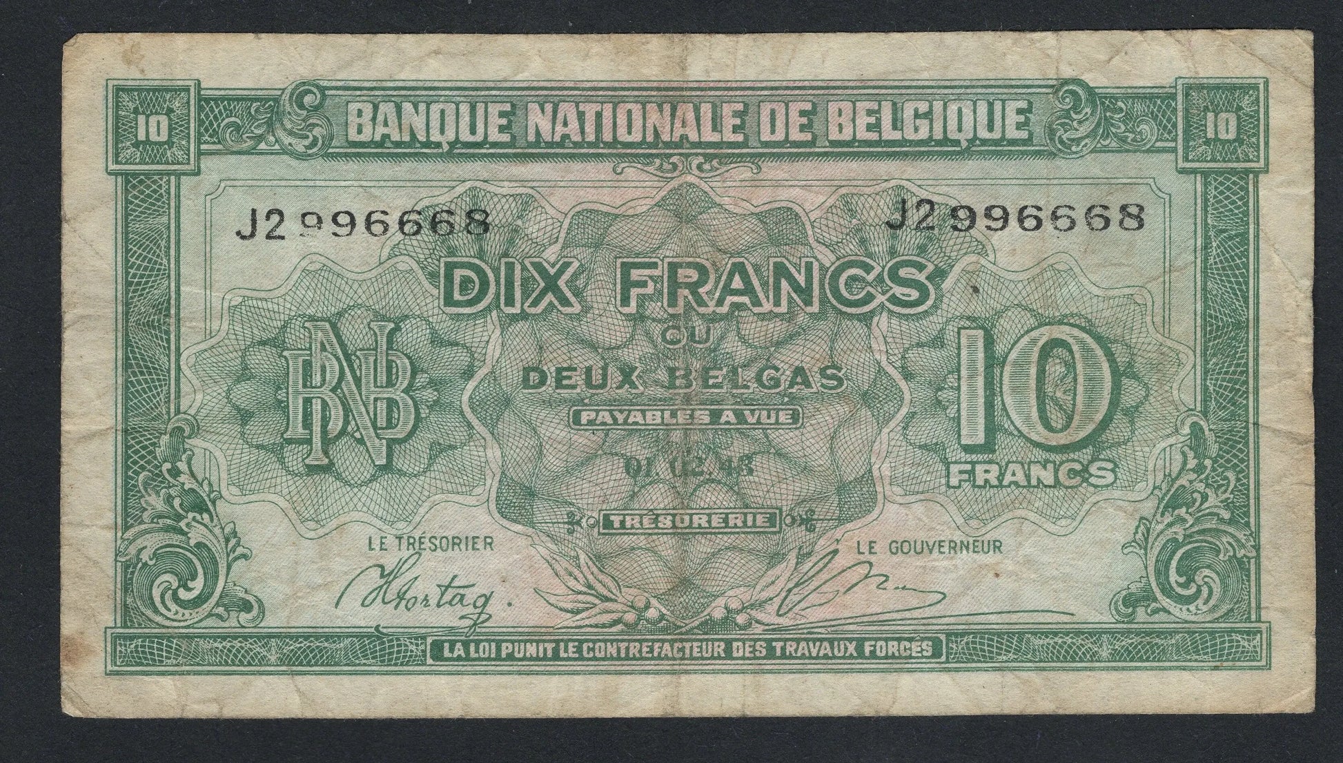 Vintage Belgian banknote from Banque Nationale de Belgique with green and brown colors
