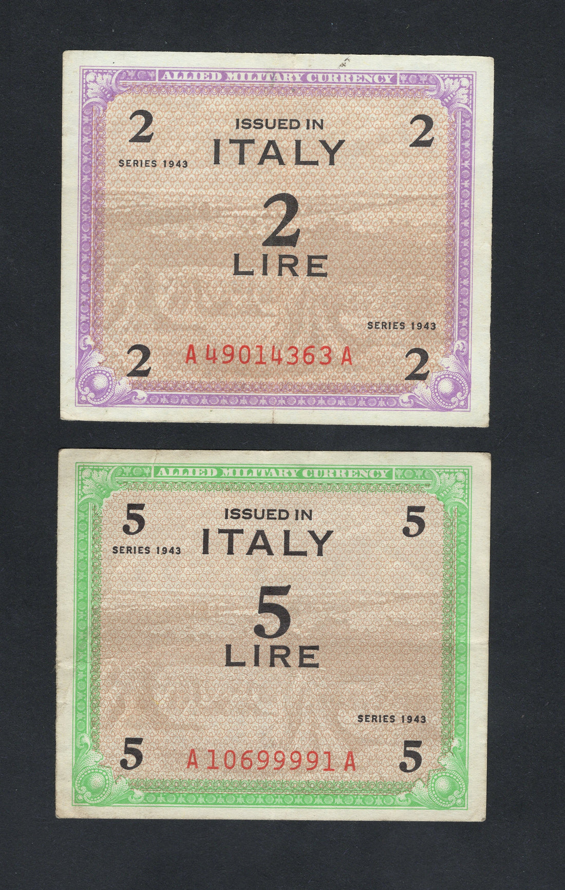 Two vintage Italian banknotes, one for 2 lire and one for 5 lire, on a dark background.