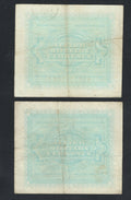 Two vintage banknotes with decorative blue patterns on a black background