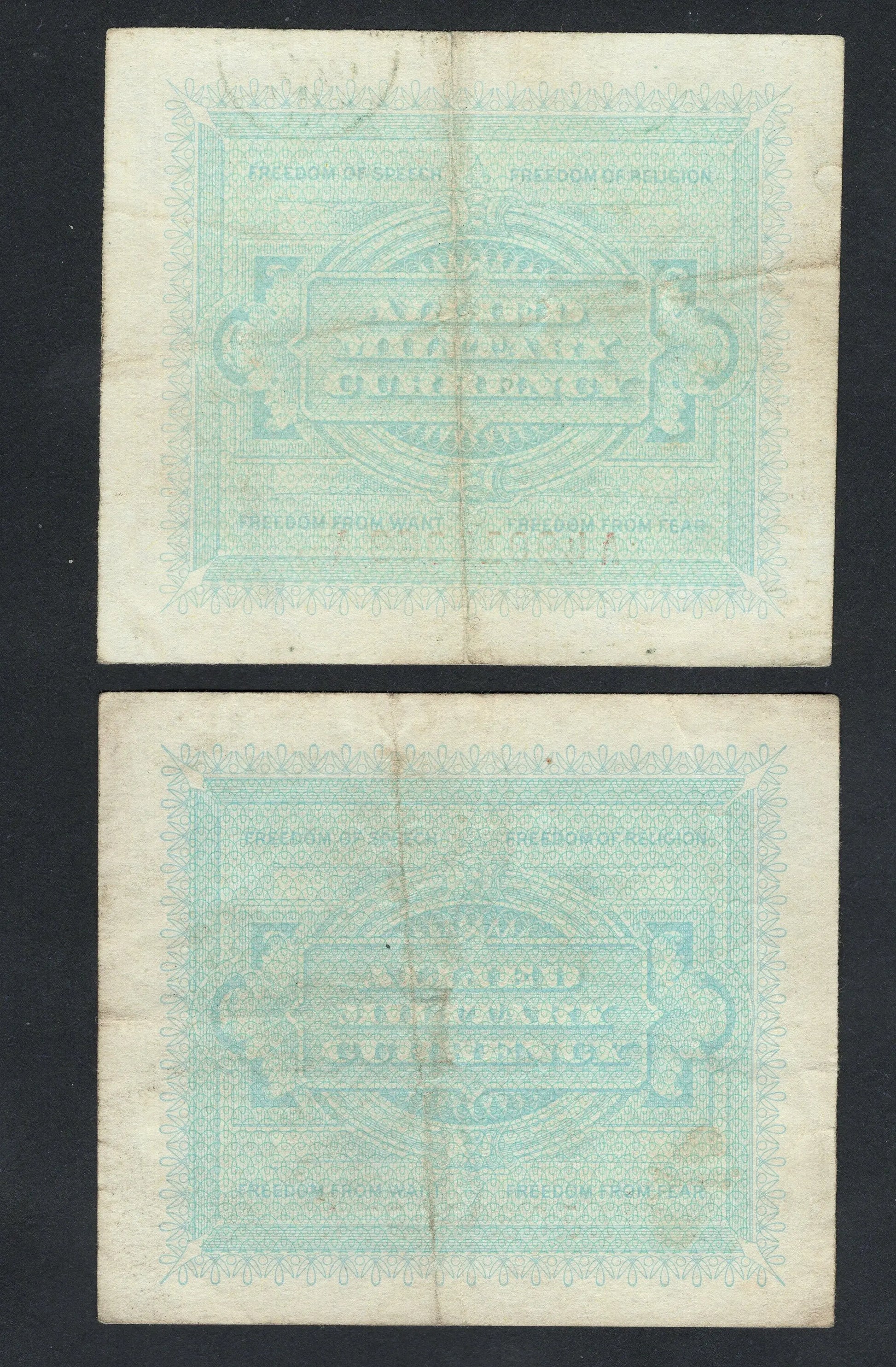 Two vintage banknotes with decorative blue patterns on a black background