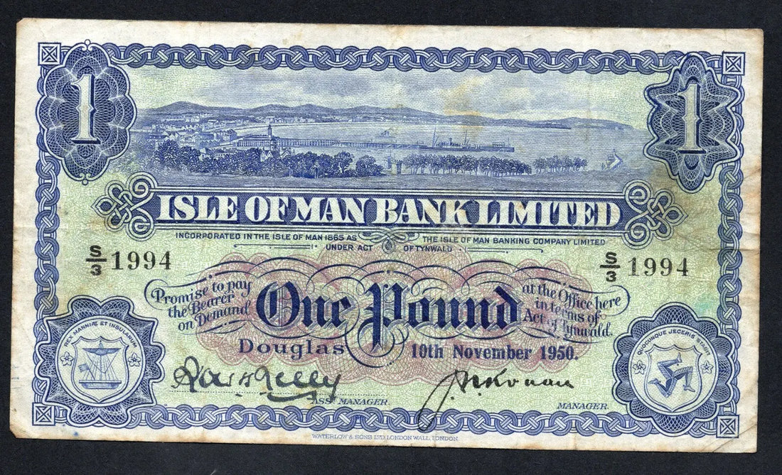 Front and back view of a 1950 Isle of Man Bank Limited £1 note, serial number S/3 1994, showing Douglas Bay and the Triskelion.