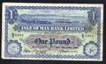 Front and back view of a 1950 Isle of Man Bank Limited £1 note, serial number S/3 1994, showing Douglas Bay and the Triskelion.