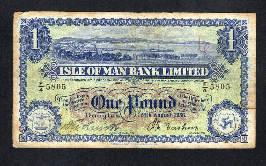 Front and back view of a 1956 Isle of Man Bank Limited One Pound banknote, Pick 8a, featuring Douglas Bay and the Three Legs of Man