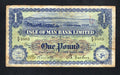 Front and back view of a 1956 Isle of Man Bank Limited One Pound banknote, Pick 8a, featuring Douglas Bay and the Three Legs of Man