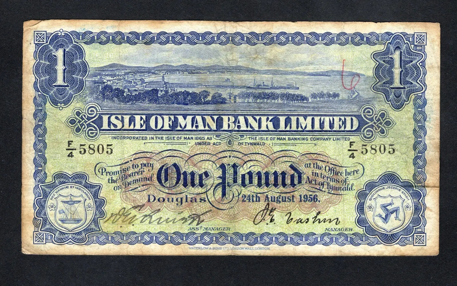 Front and back view of a 1956 Isle of Man Bank Limited One Pound banknote, Pick 8a, featuring Douglas Bay and the Three Legs of Man