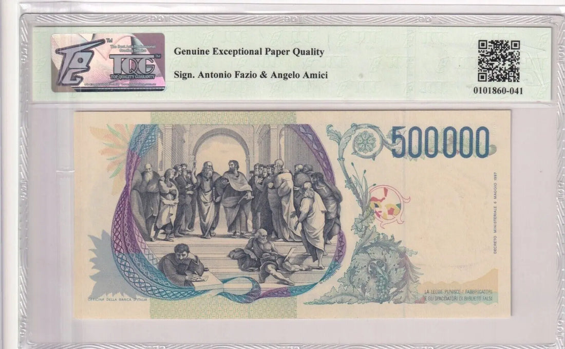 Front of TQG graded 66 Gem Uncirculated Italy 500,000 Lire banknote featuring Raphael