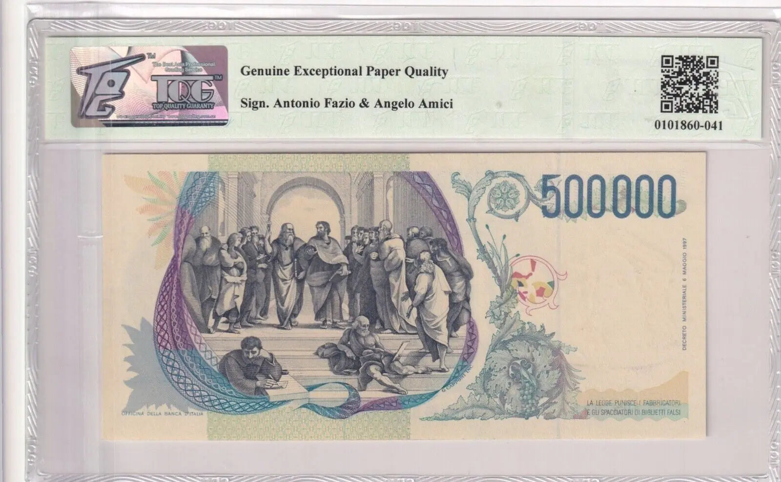 Reverse of graded Italy 500,000 Lire note showing Raphael's School of Athens fresco.