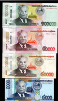 A set of 4 Laotian Kip banknotes featuring President Kaysone Phomvihane in various denominations and colors.