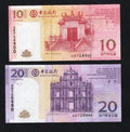 A set of 2 Macau banknotes (10 and 20 Patacas) featuring the A-Ma Temple and the Ruins of St. Paul's.