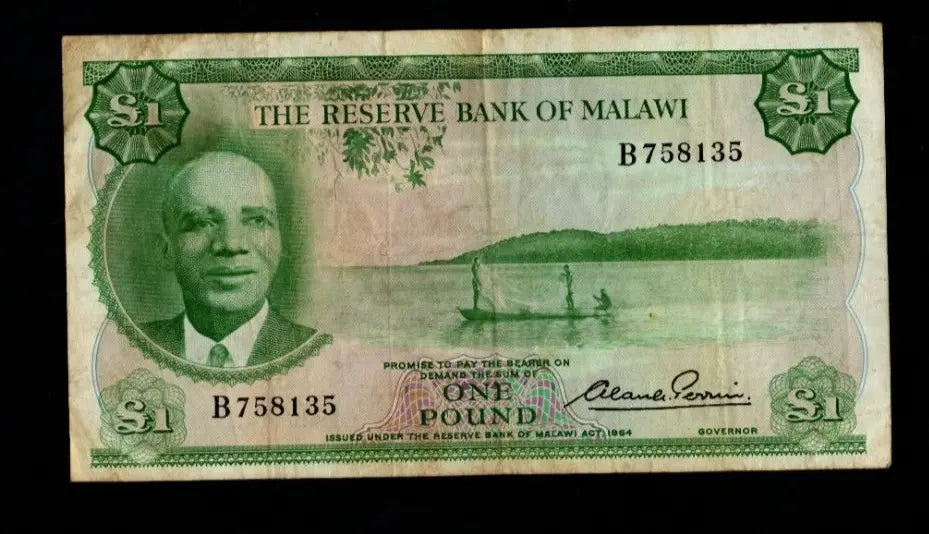 Front and back of an authentic, circulated 1964 Malawi 1 Pound banknote featuring President Hastings Banda and tobacco harvesting.
