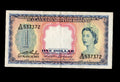 Front and back view of a 1953 Malaya and British Borneo One Dollar banknote, Pick 1a, featuring young Queen Elizabeth II and 16 state crests.