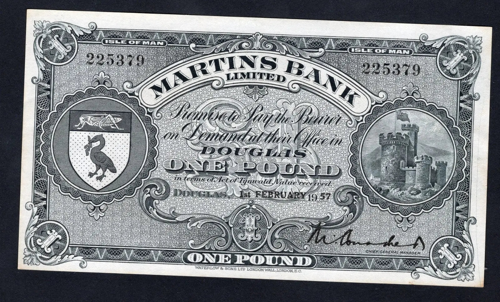 Front and back view of a 1957 Martins Bank Limited Isle of Man One Pound banknote, Pick 19b, featuring Peel Castle and the Three Legs of Man