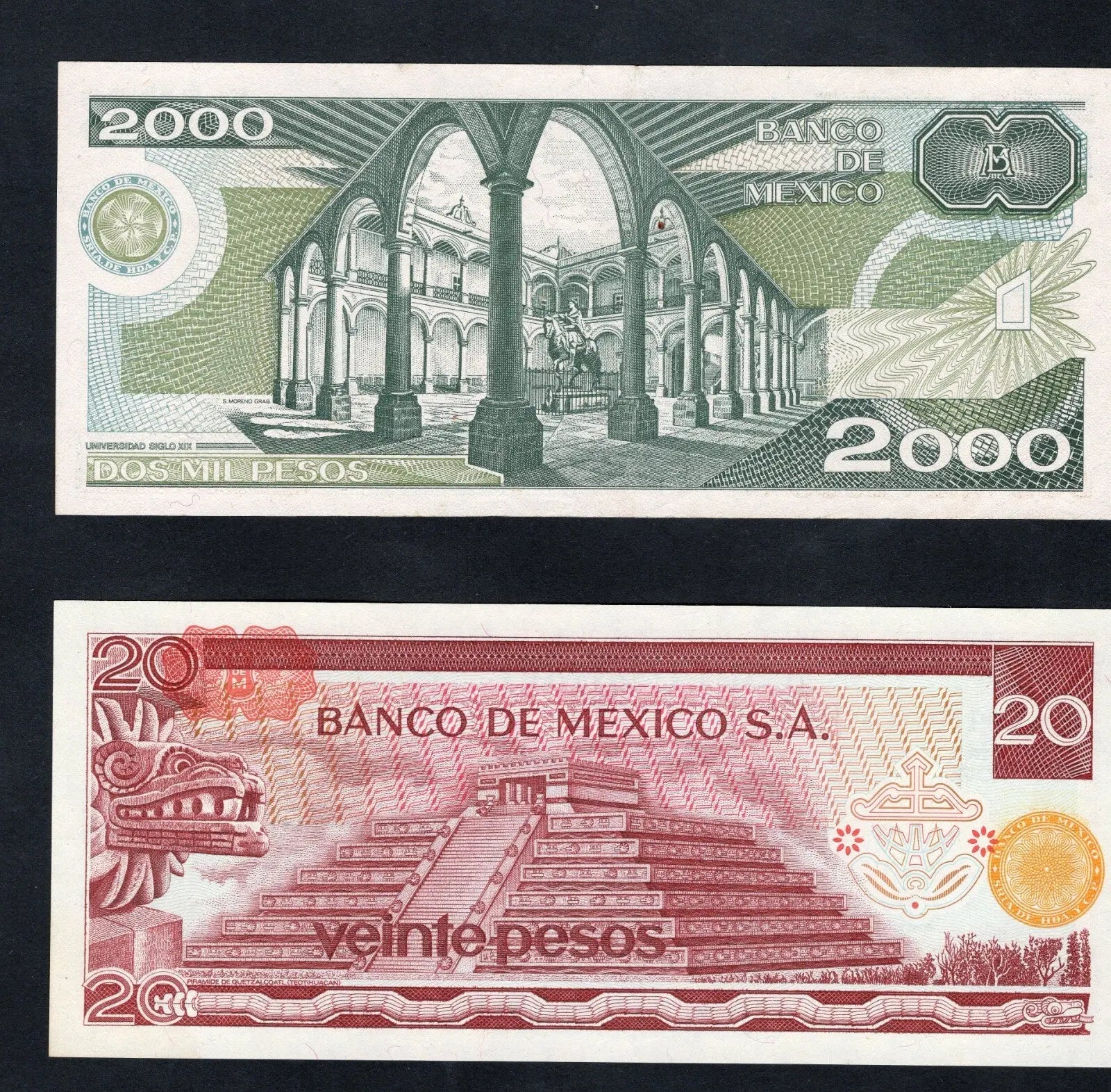 Front and back of Mexican banknotes: 2000 Pesos featuring Justo Sierra and 20 Pesos featuring José María Morelos.