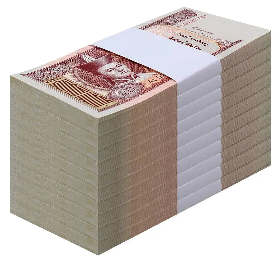 A professional studio shot of a brick of 1,000 uncirculated 2018 Mongolia 20 Tögrög banknotes, including a close-up of the front and back design