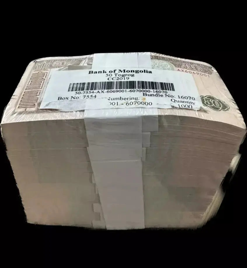 A sealed brick of 1,000 uncirculated 2019 Mongolia 50 Tögrög banknotes from the Bank of Mongolia featuring Damdin Sükhbaatar.