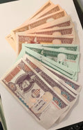 Wholesale fan of 40 uncirculated Mongolian Tugrik banknotes, 10 of each: 10, 20, 50, and 100 denominations.