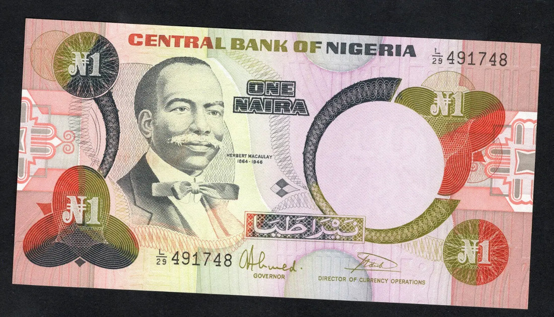 Actual photo of Nigeria 1 Naira 1979 banknote, Pick 21, Serial Number L/29 491748, featuring Herbert Macaulay in Uncirculated condition.
