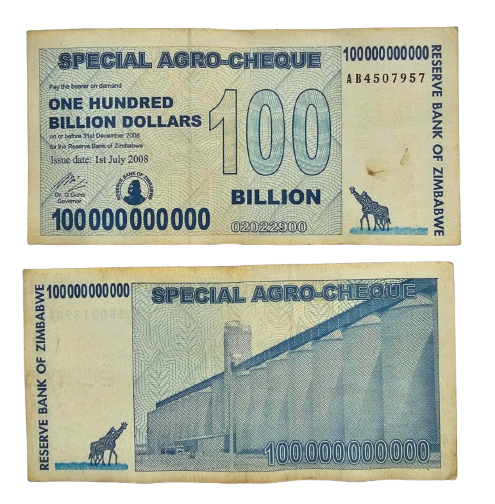 40 X 100 billion special agro cheque Zimbabwe dollar notes. used.