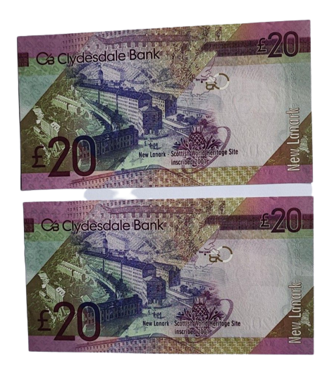 A PAIR OF  CLYDESDALE BANK PLC £20 BANKNOTES IN UNC CONDITION PRICE PER NOTE