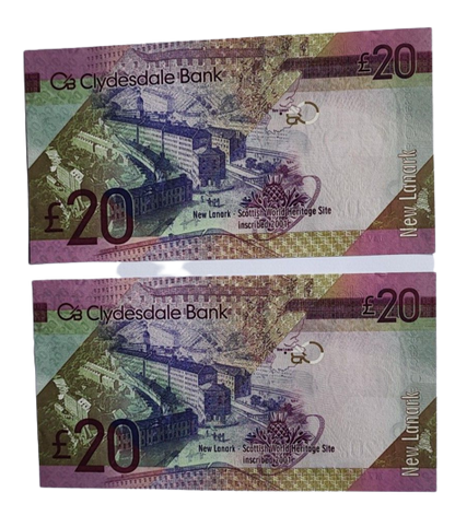 A PAIR OF  CLYDESDALE BANK PLC £20 BANKNOTES IN UNC CONDITION PRICE PER NOTE