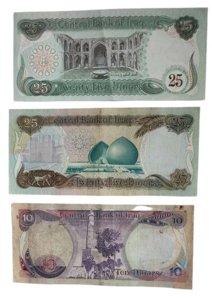 3 large size Iraqi Dinar(25,25, 10)  in very fine condition ( see description)