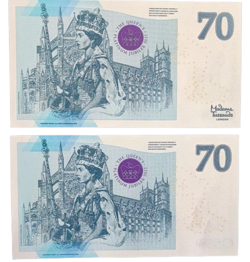 2 NOTES SET THE QUEEN'S PLATINUM JUBILEE 2022 BRITANNI COMMEMORATIVE BANKNOTE