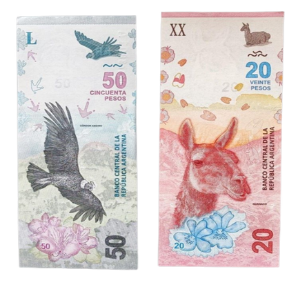 Argentina 20 pesos P361 (2017) 50 pesos P363  (2018) UNC