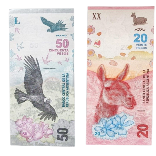 Argentina 20 pesos P361 (2017) 50 pesos P363  (2018) UNC